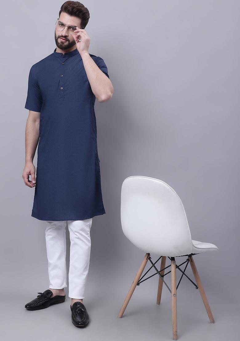 Blue Plain Pure Cotton Kurta For Men