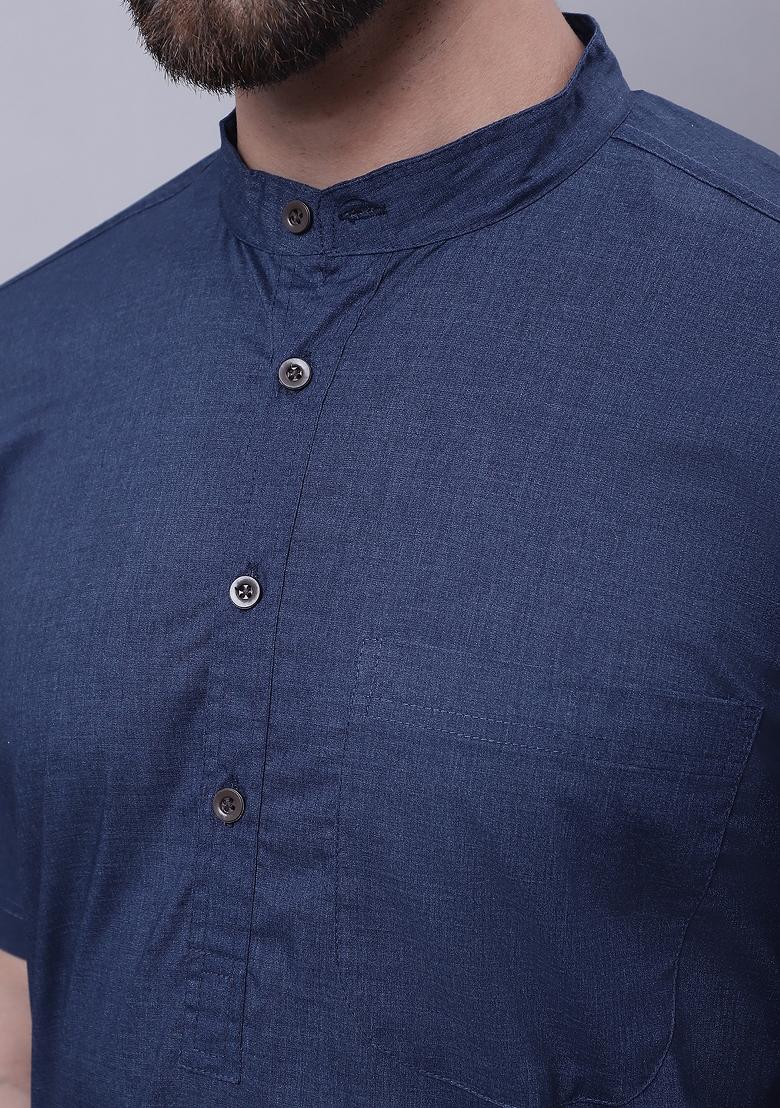 Blue Plain Pure Cotton Kurta For Men