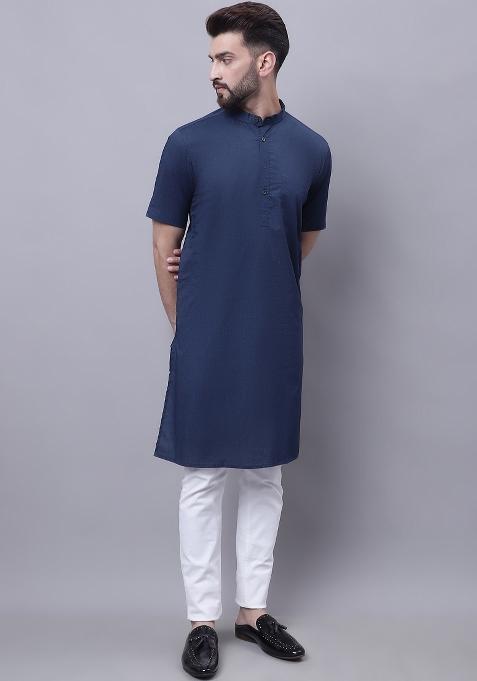 Blue Plain Pure Cotton Kurta For Men