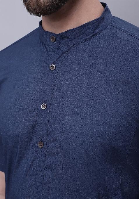 Blue Plain Pure Cotton Kurta For Men