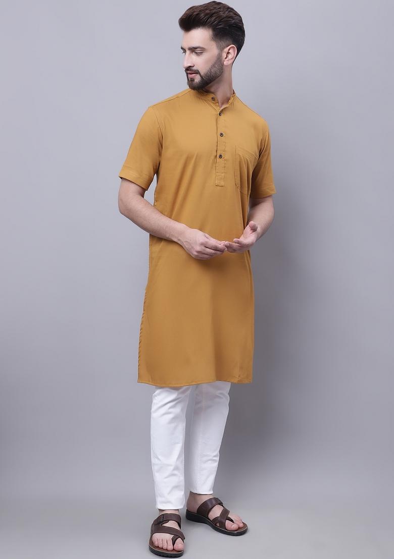 Mustard Yellow Plain Pure Cotton Kurta For Men