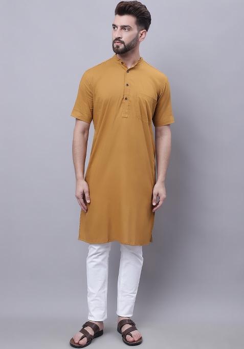 Mustard Yellow Plain Pure Cotton Kurta For Men
