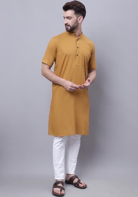 Mustard Yellow Plain Pure Cotton Kurta For Men