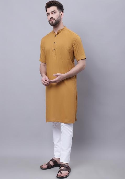Mustard Yellow Plain Pure Cotton Kurta For Men