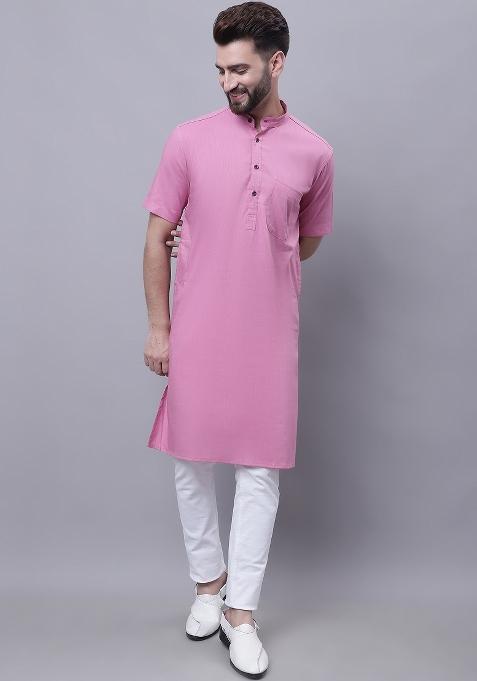 Pink Plain Pure Cotton Kurta For Men