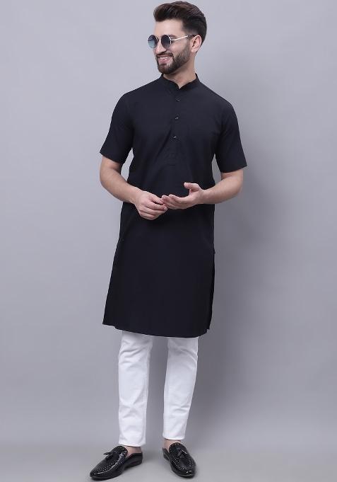 Black Plain Pure Cotton Kurta For Men