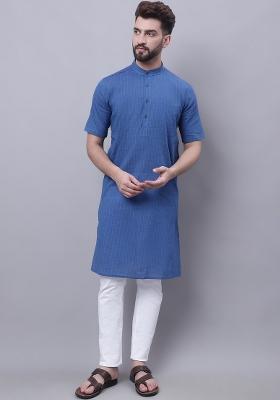 Blue Plain Pure Cotton Kurta For Men