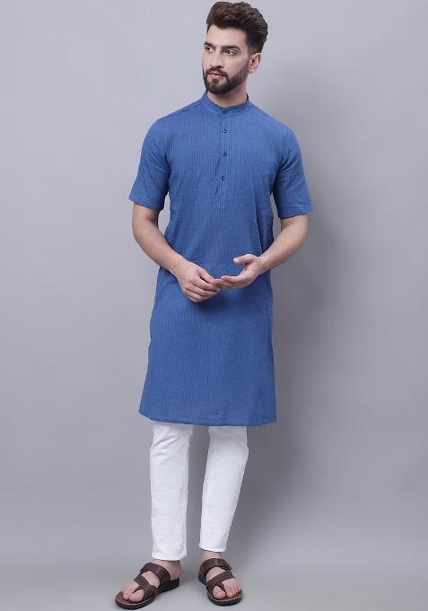 Blue Plain Pure Cotton Kurta For Men