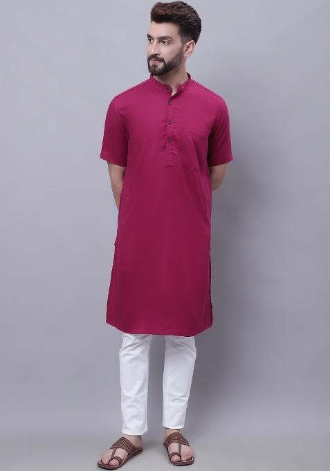 Maroon Plain Pure Cotton Kurta For Men