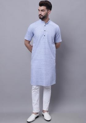 Blue Plain Pure Cotton Kurta For Men