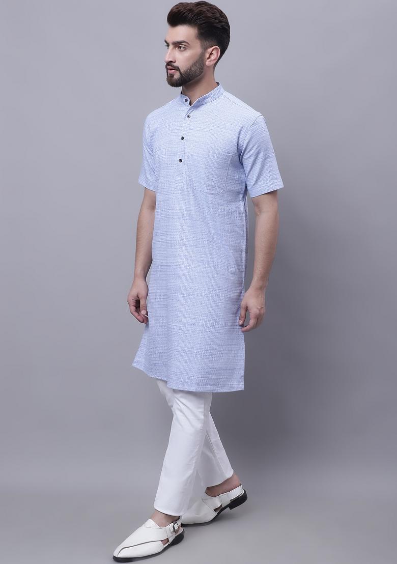 Blue Plain Pure Cotton Kurta For Men - Indya