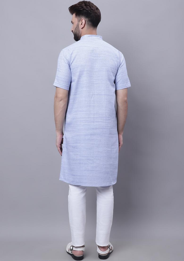 Blue Plain Pure Cotton Kurta For Men