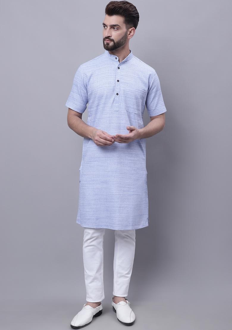 Blue Plain Pure Cotton Kurta For Men - Indya