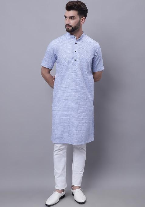 Blue Plain Pure Cotton Kurta For Men