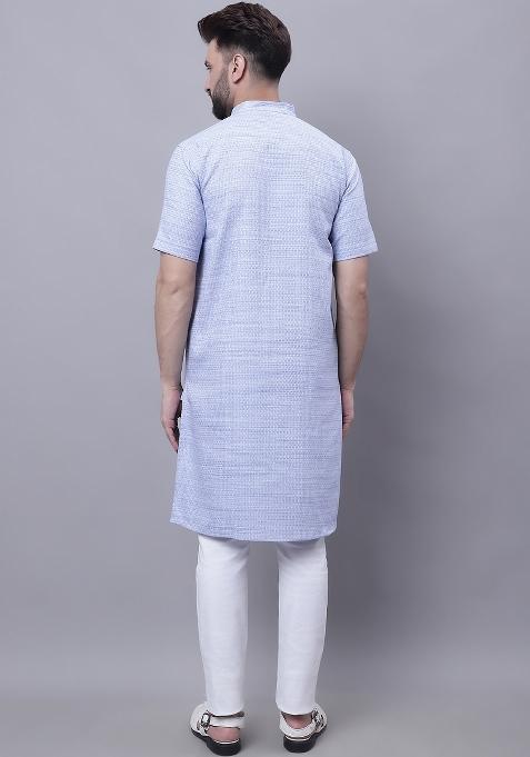Blue Plain Pure Cotton Kurta For Men