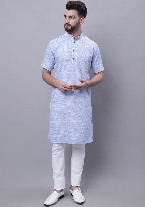 Blue Plain Pure Cotton Kurta For Men