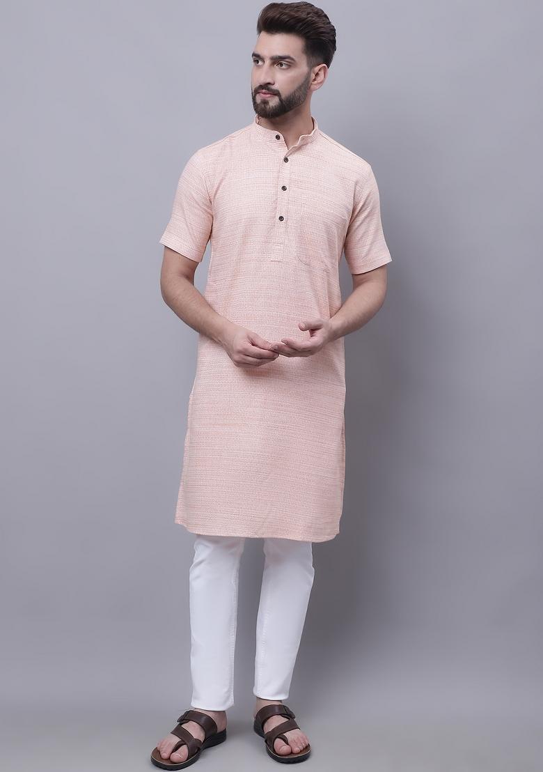 Peach Plain Pure Cotton Kurta For Men