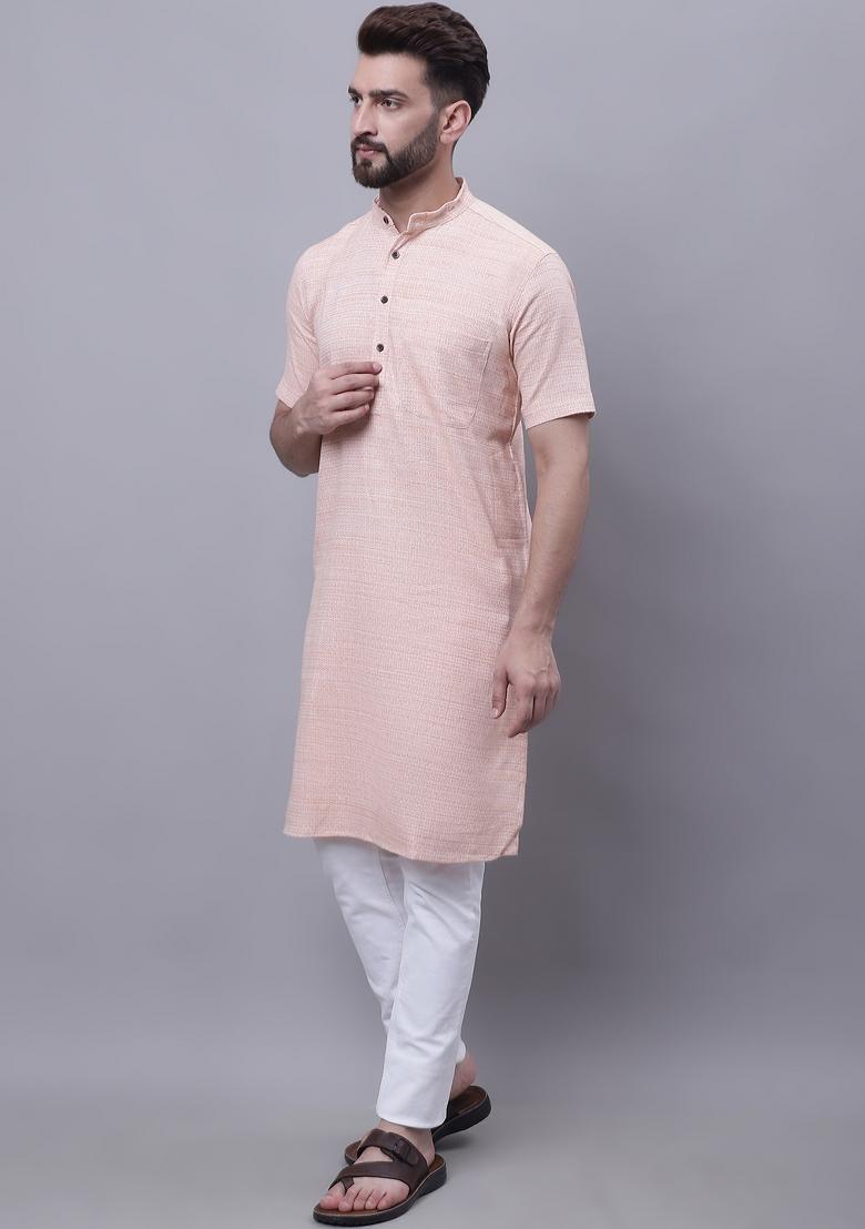 Peach Plain Pure Cotton Kurta For Men