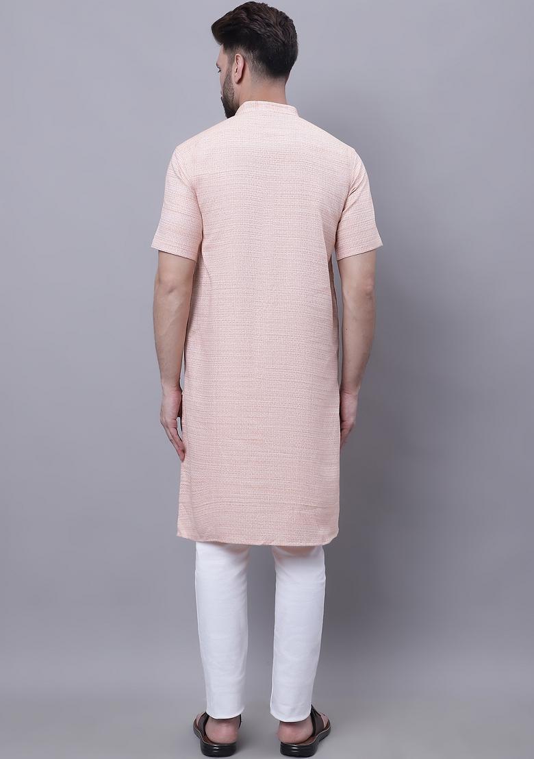 Peach Plain Pure Cotton Kurta For Men