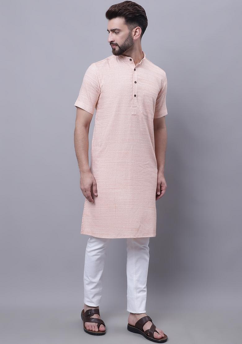 Peach Plain Pure Cotton Kurta For Men