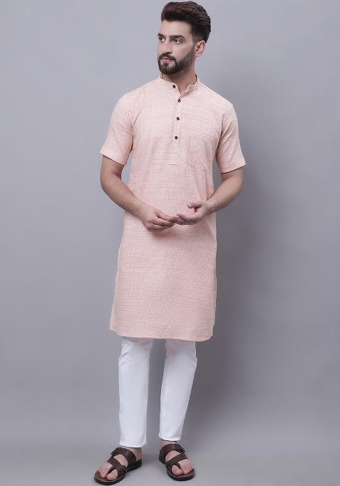 Peach Plain Pure Cotton Kurta For Men