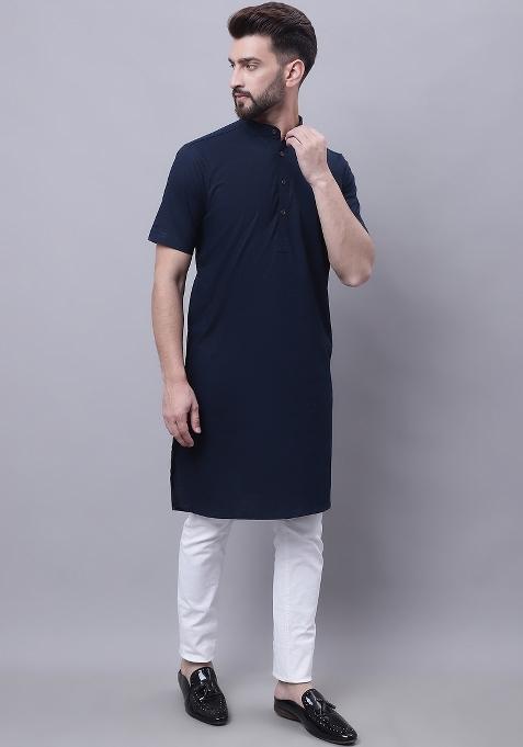Blue Plain Pure Cotton Kurta For Men