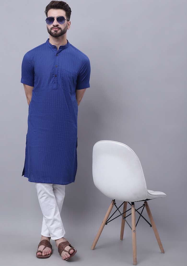 Blue Plain Pure Cotton Kurta For Men - Indya