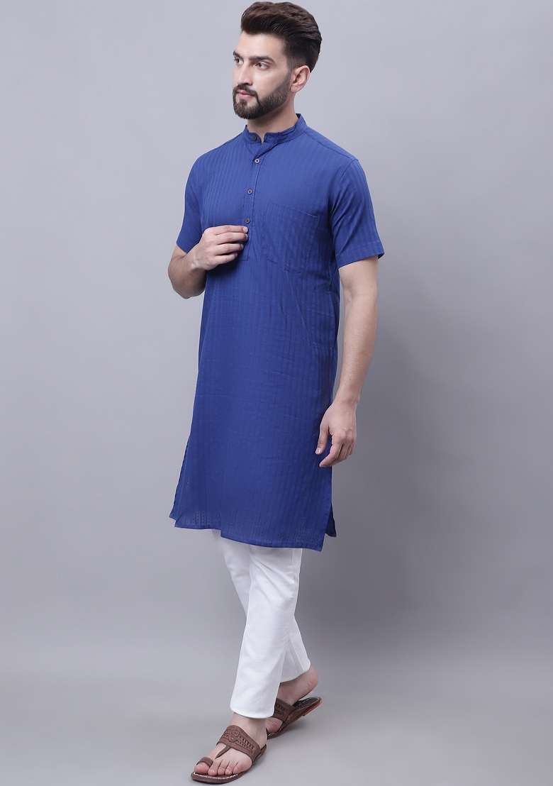 Blue Plain Pure Cotton Kurta For Men - Indya