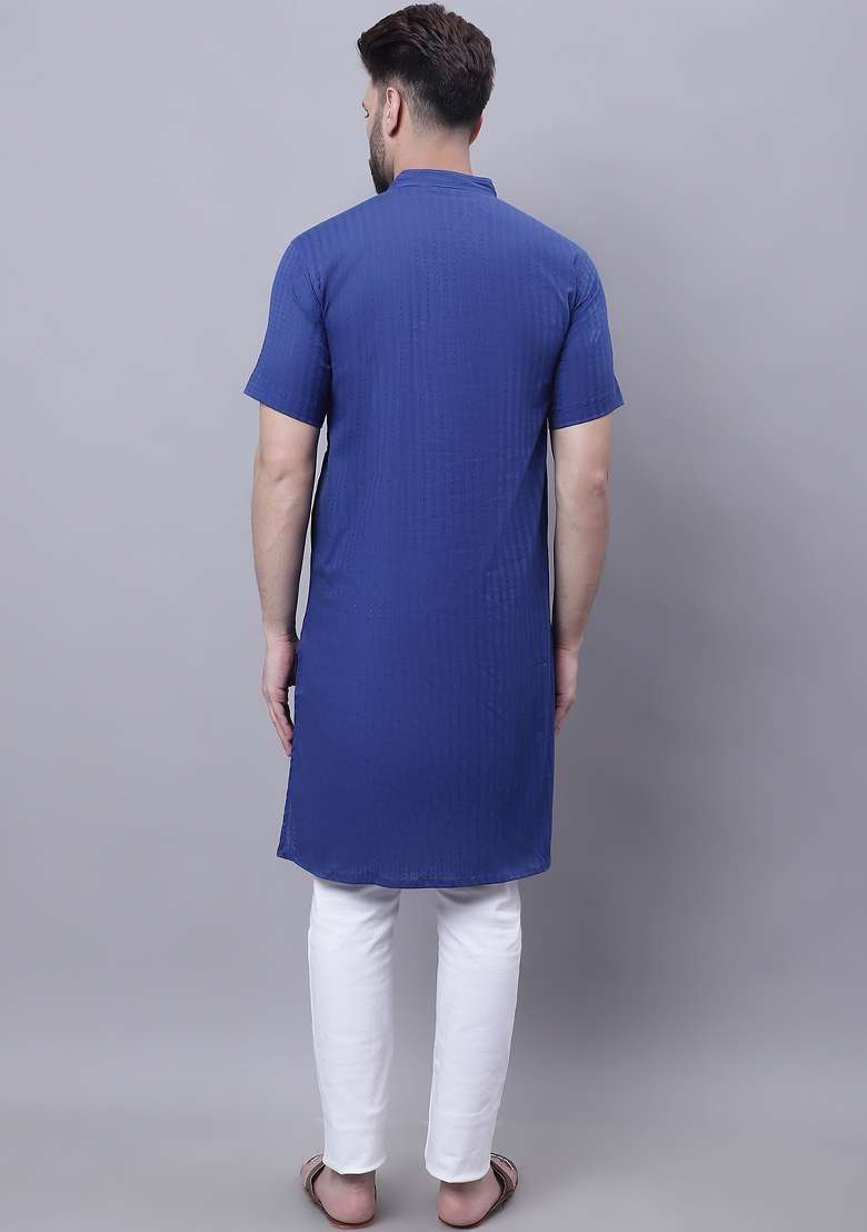 Blue Plain Pure Cotton Kurta For Men - Indya