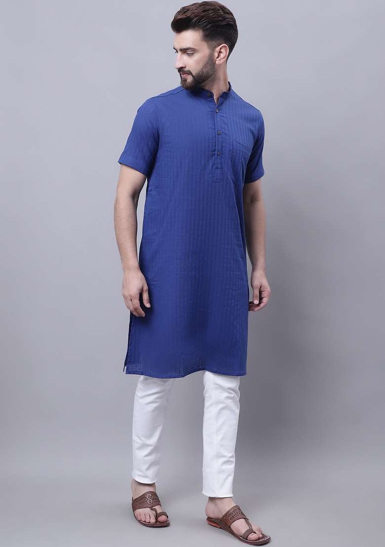 Blue Plain Pure Cotton Kurta For Men - Indya