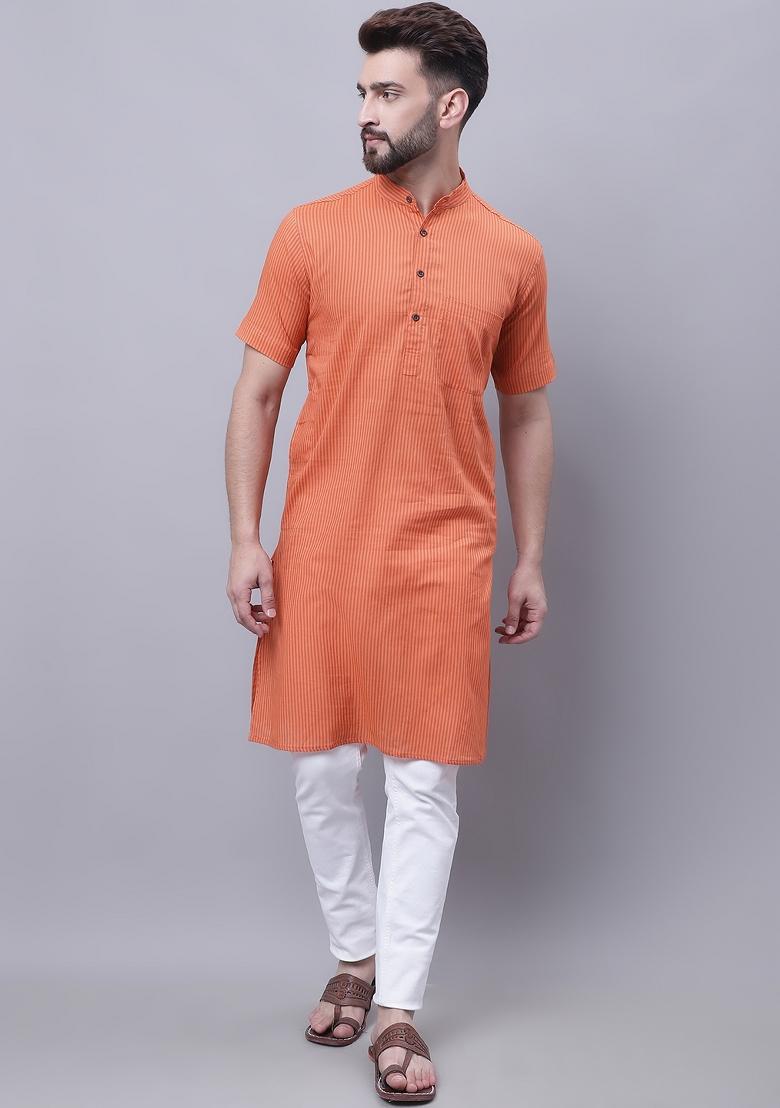 Rust Brown Plain Pure Cotton Kurta For Men