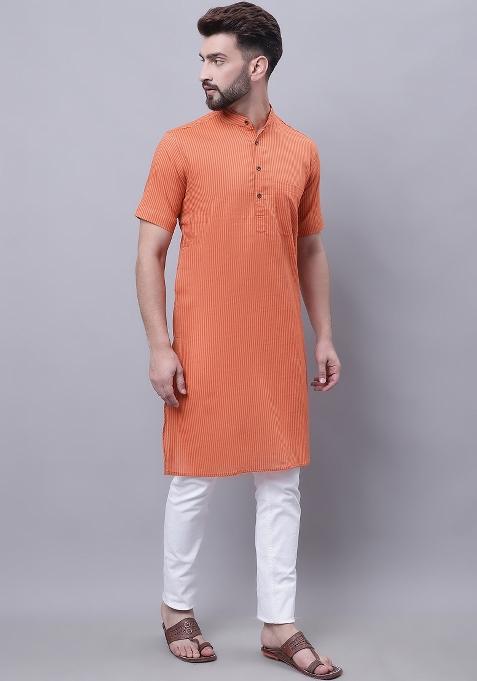 Rust Brown Plain Pure Cotton Kurta For Men