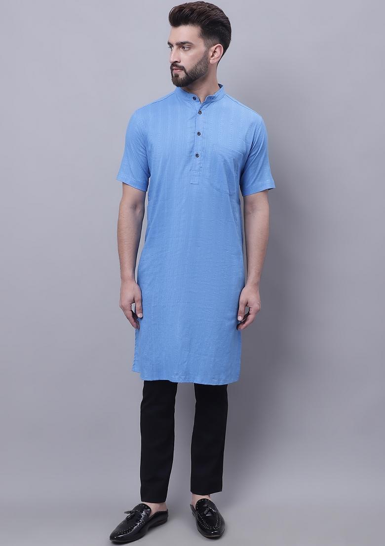 Blue Plain Pure Cotton Kurta For Men