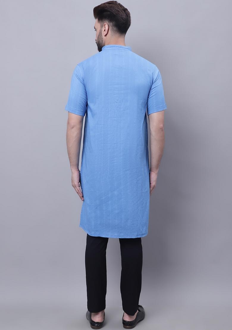 Blue Plain Pure Cotton Kurta For Men