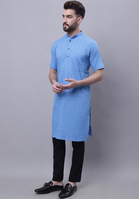 Blue Plain Pure Cotton Kurta For Men
