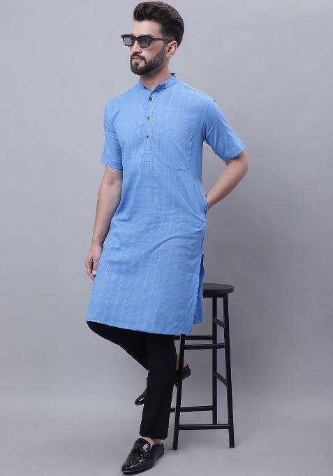 Blue Plain Pure Cotton Kurta For Men