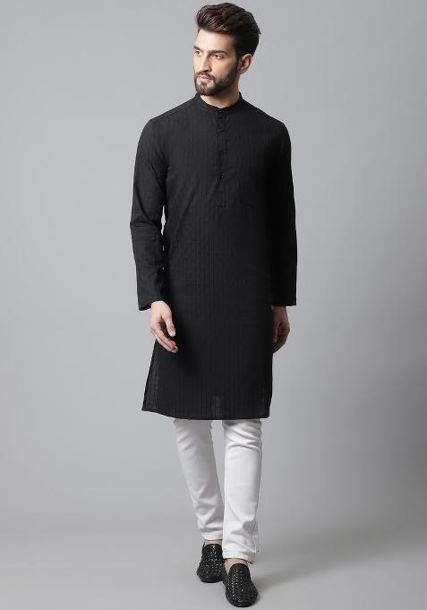 Black Plain Pure Cotton Kurta For Men