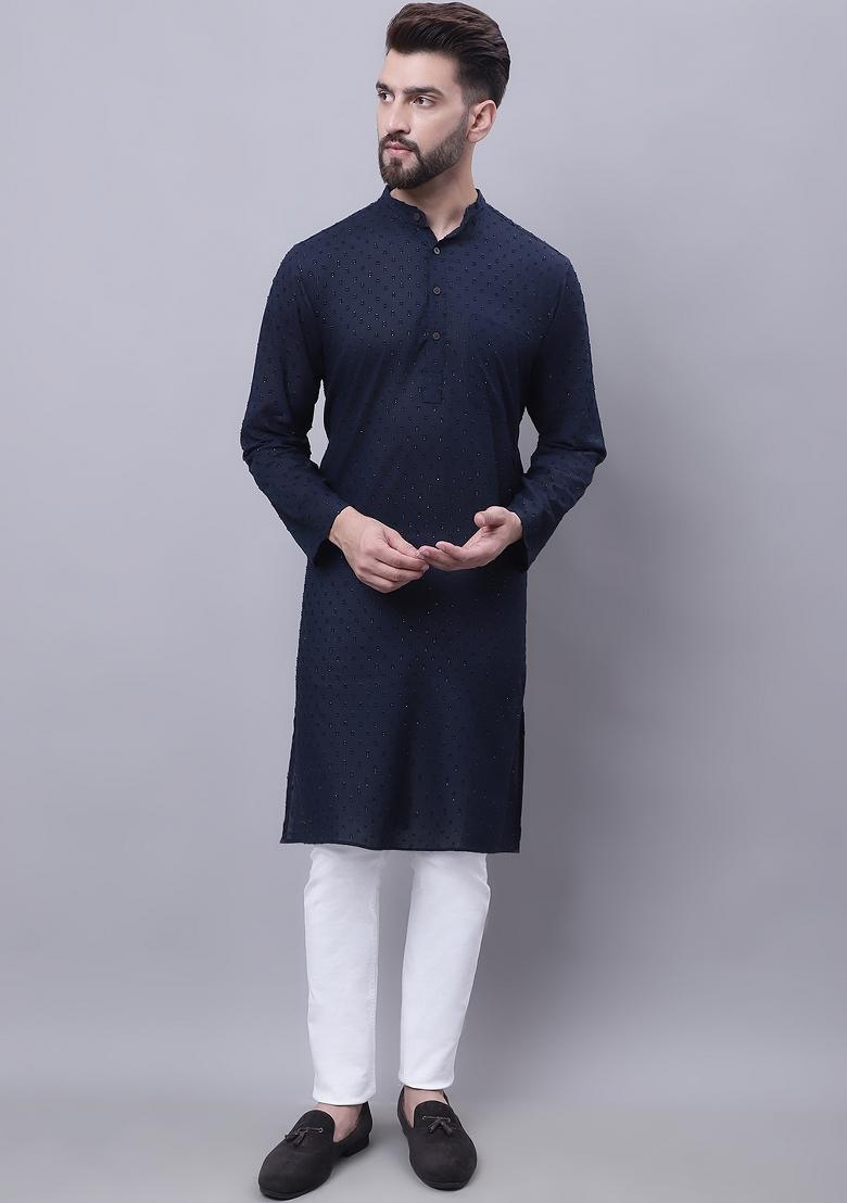 Blue Plain Pure Cotton Kurta For Men