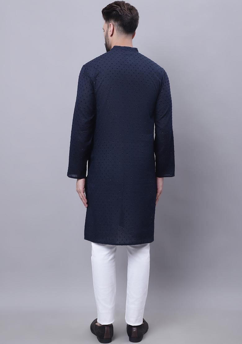 Blue Plain Pure Cotton Kurta For Men