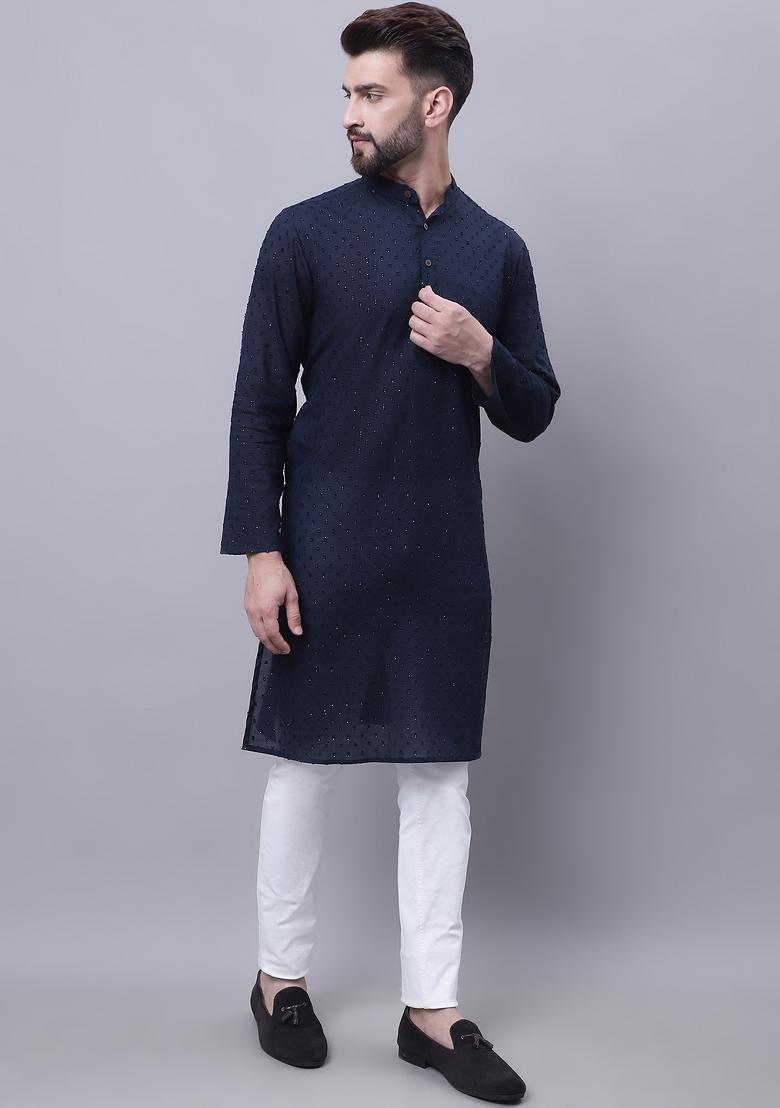 Blue Plain Pure Cotton Kurta For Men