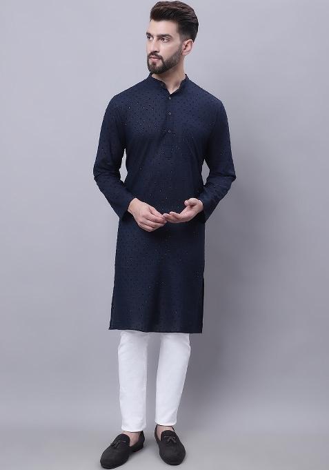 Blue Plain Pure Cotton Kurta For Men