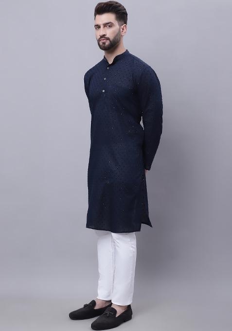 Blue Plain Pure Cotton Kurta For Men