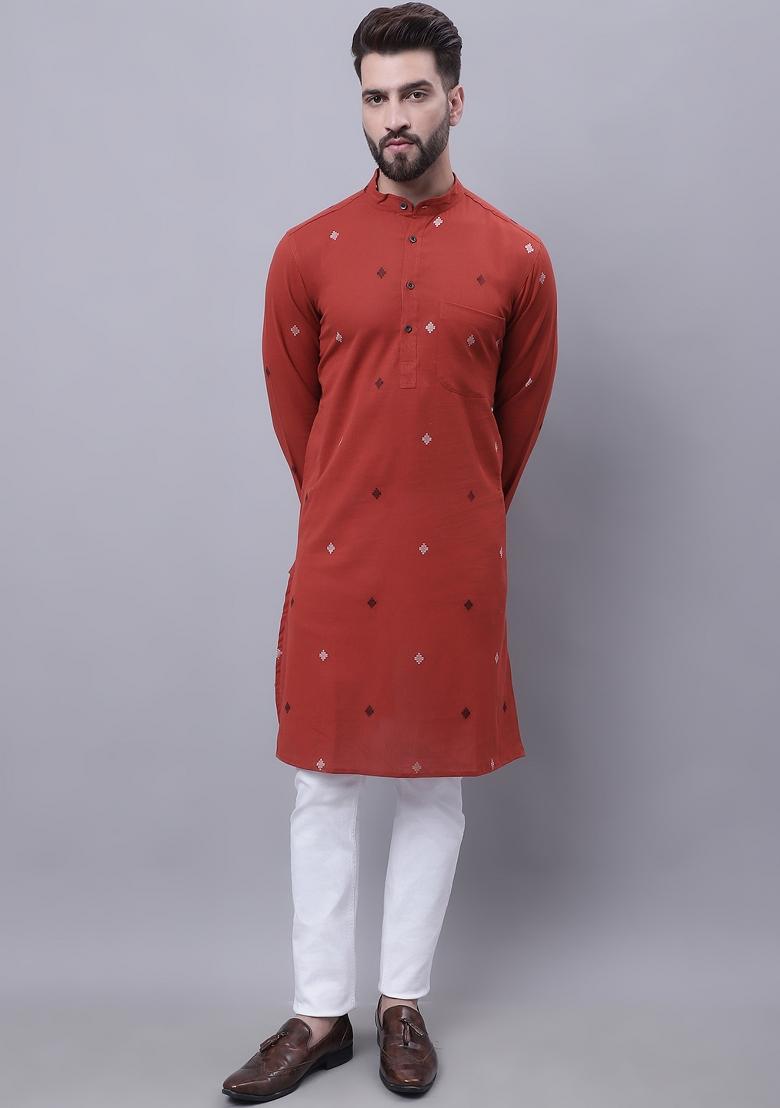 Rust Brown Plain Pure Cotton Kurta For Men