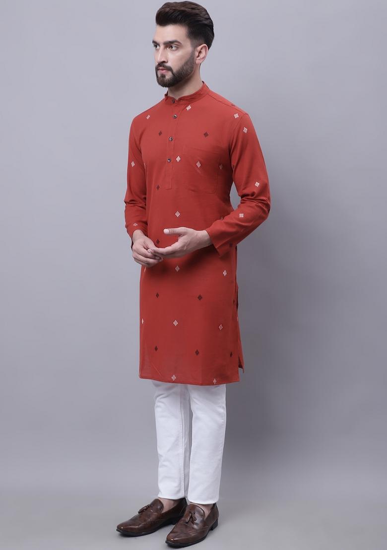 Rust Brown Plain Pure Cotton Kurta For Men