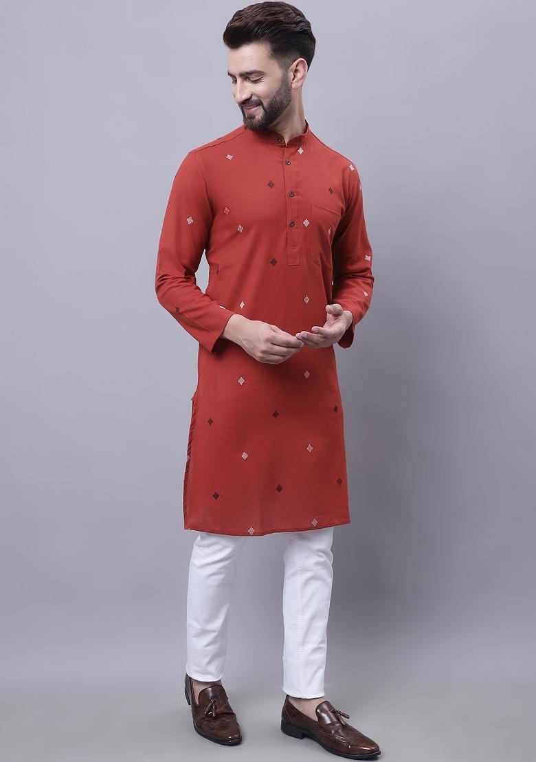Rust Brown Plain Pure Cotton Kurta For Men