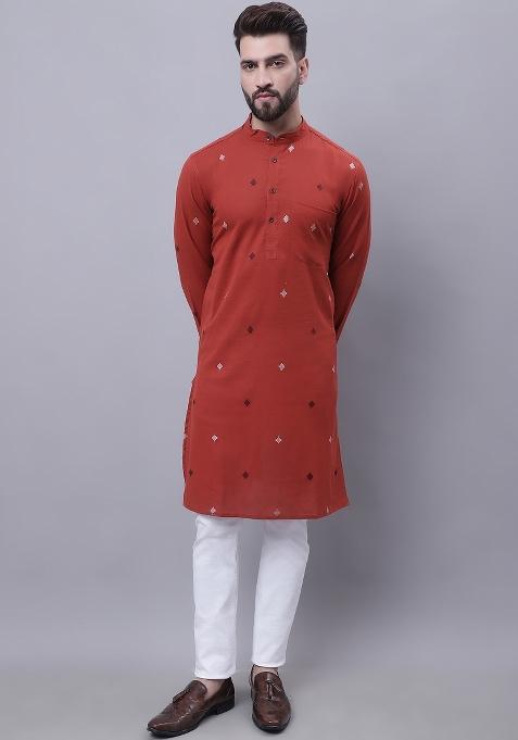 Rust Brown Plain Pure Cotton Kurta For Men