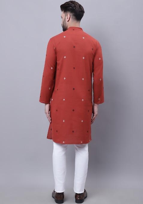 Rust Brown Plain Pure Cotton Kurta For Men