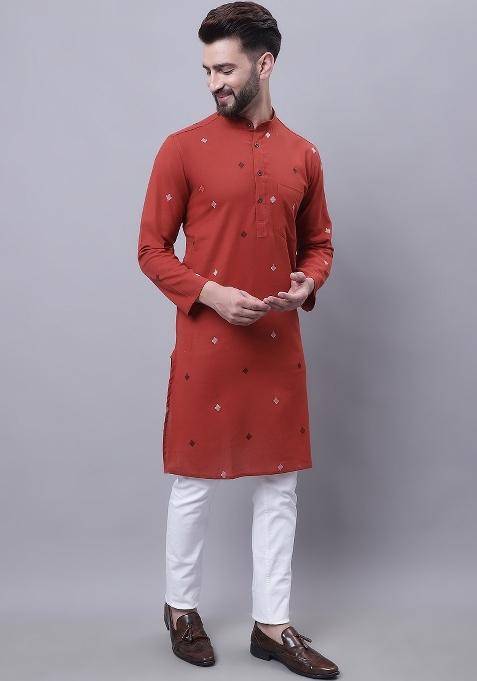 Rust Brown Plain Pure Cotton Kurta For Men