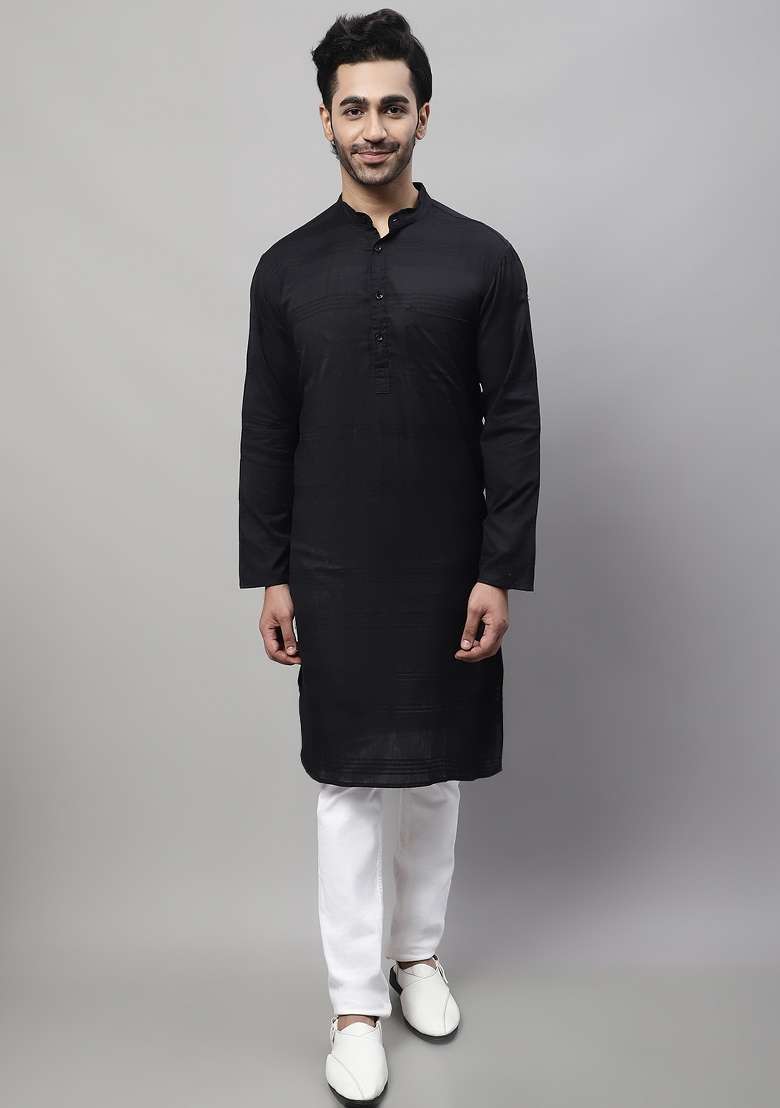 Black Plain Pure Cotton Kurta For Men - Indya