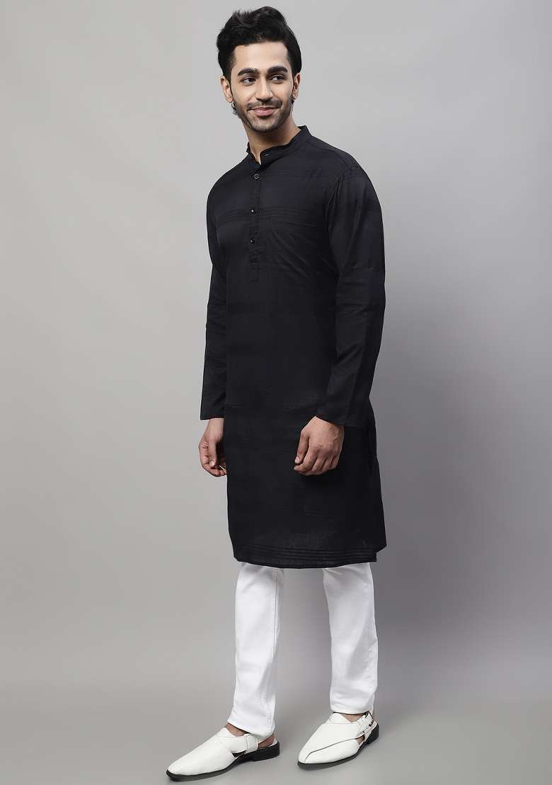 Black Plain Pure Cotton Kurta For Men - Indya